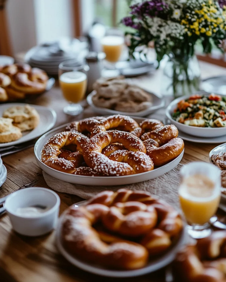 Brezel, Hörnchen und anderes Süßgebäck zum Osterbrunch