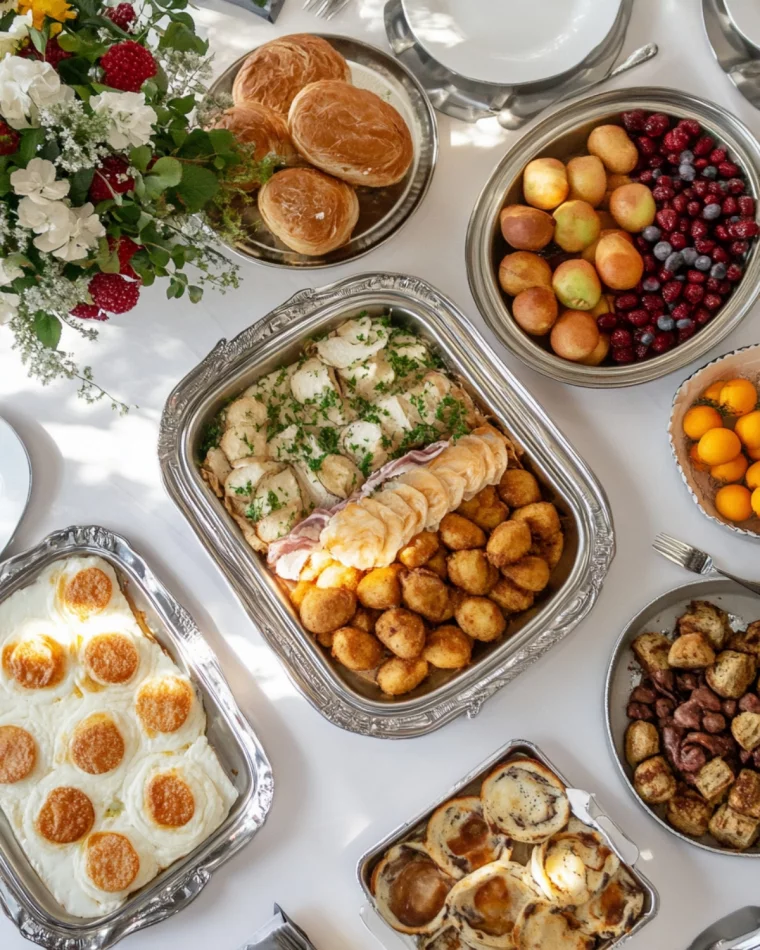 Eier, süßes Gebäck und Früchte zum Osterbrunch 