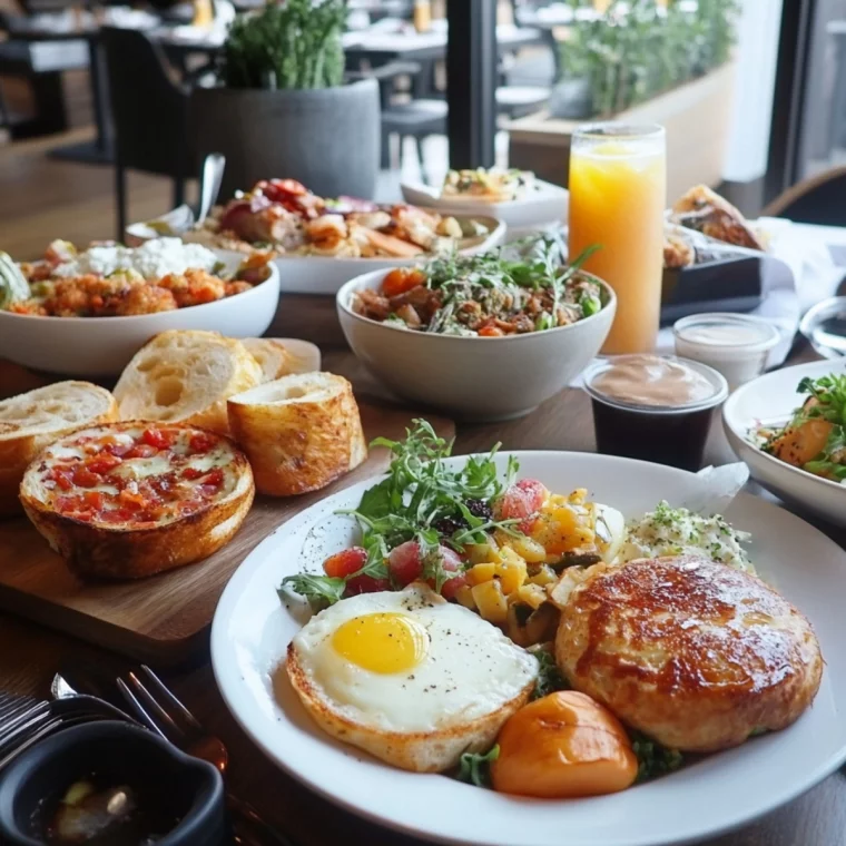 Spiegeleier, Gebäck und Saft zum Osterbrunch