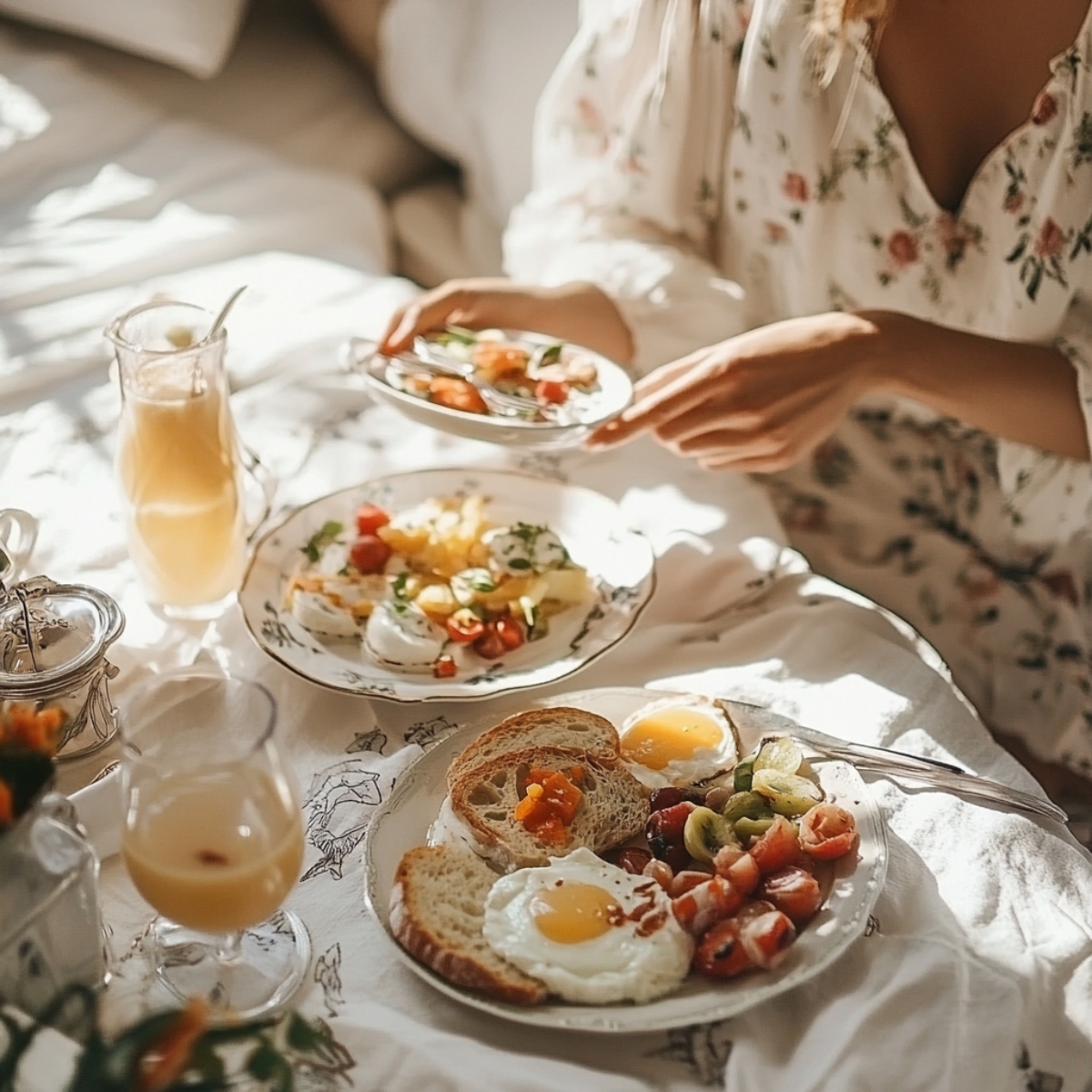 Spiegeleier, Salami und Gemüse zum Frühstück