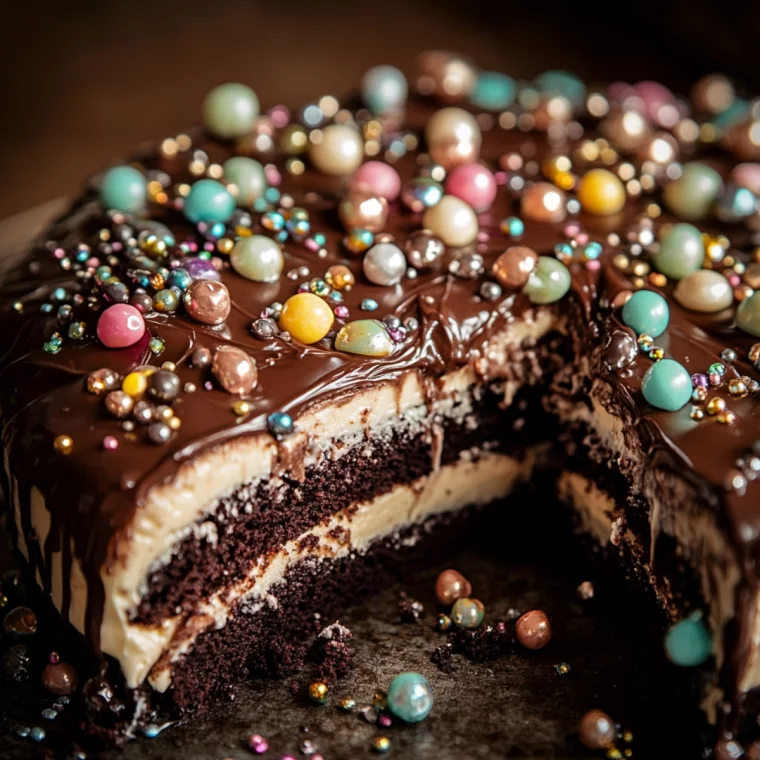 ein Schokokuchen mit kleinen bunten Eiern