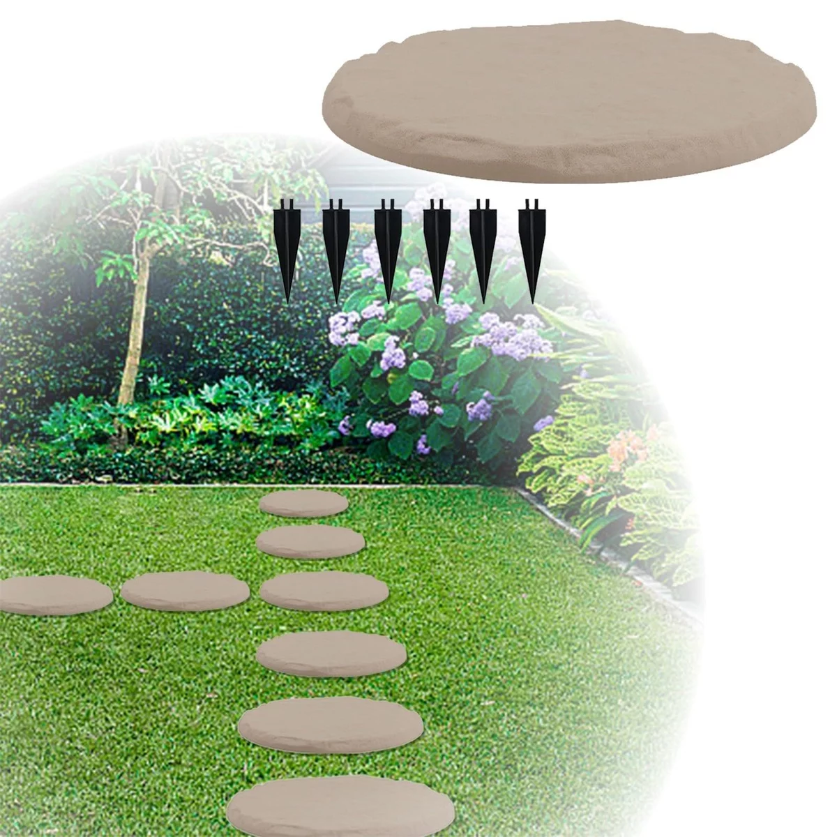 runde wetterfeste Trittsteine aus Beton - auf dem Rasen im Garten 