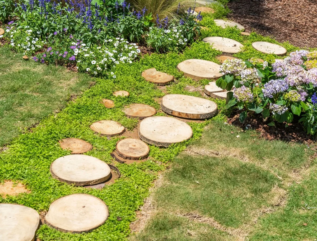 Holzscheiben in verschiedenen Größen für den Gartenweg 