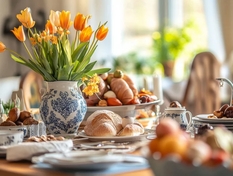  Osterfrühstück Ideen – gedeckter Tisch Vase mit Tulpen und viele Backwaren