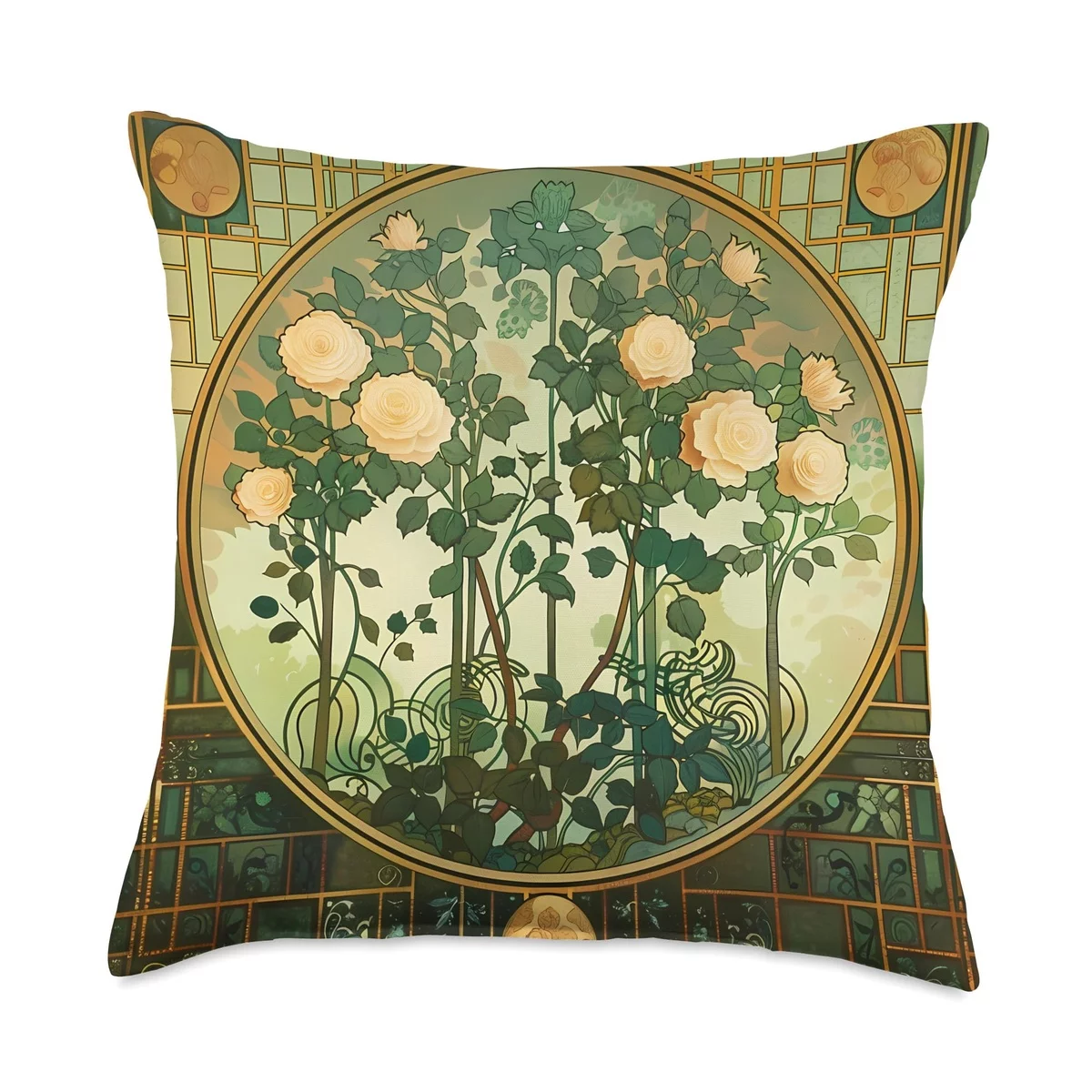 Outdoor-Kissen in Grün mit Rosenmotiven in der Mitte