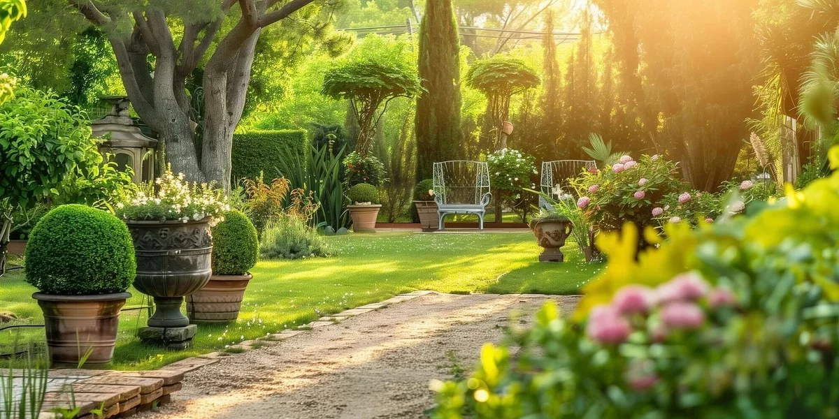 alte Blumentöpfe und viele Blumen im Garten 