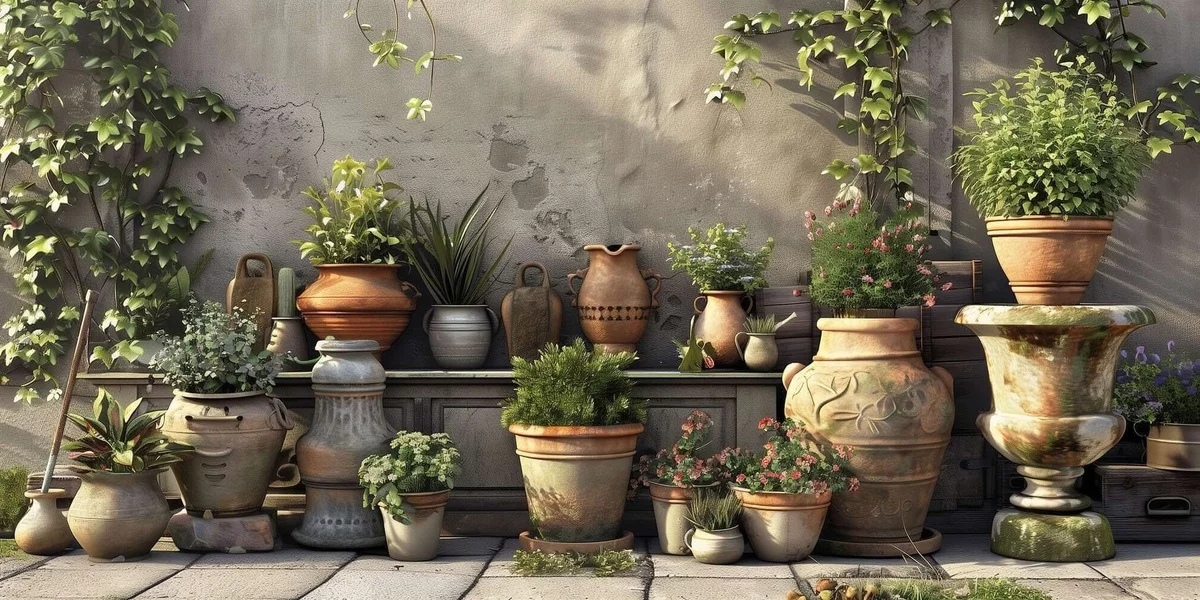 Gartendeko Vintage - alte Blumentöpfe mit grünen Pflanzen vor einer Außenwand 