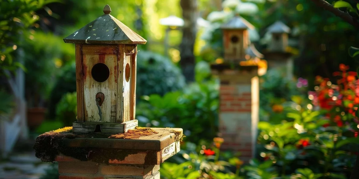 Vogelhäuser aus Holz im Garten als Deko in Vintage Stil 