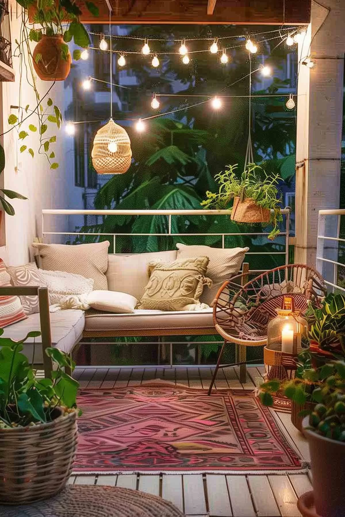 Lichterkette und Hängelampen auf dem gemütlich gestalteten Balkon