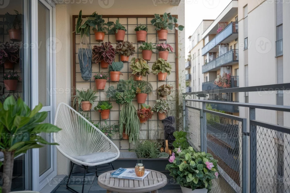 kleinen Balkon einrichten - ein Metallsessel und grüne Wand mit Pflanzen 