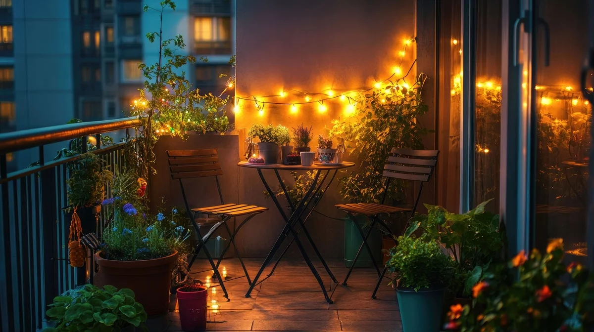 stilvolle Beleuchtung auf dem modern eingerichteten Balkon 