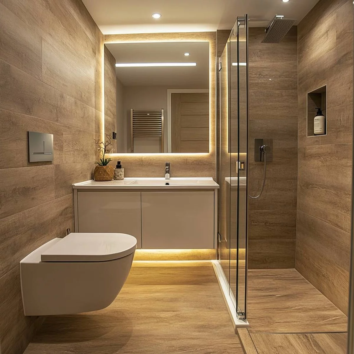 modernes Bad mit Fliesen in Holzoptik und mit perfekter Raumbeleuchtung