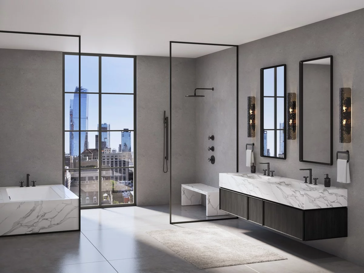 minimalistisches Bad in Grau und Weiß