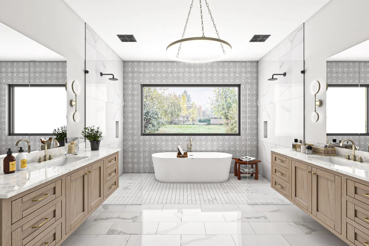 Großes Fenster öffnet das Badezimmer zum Garten 