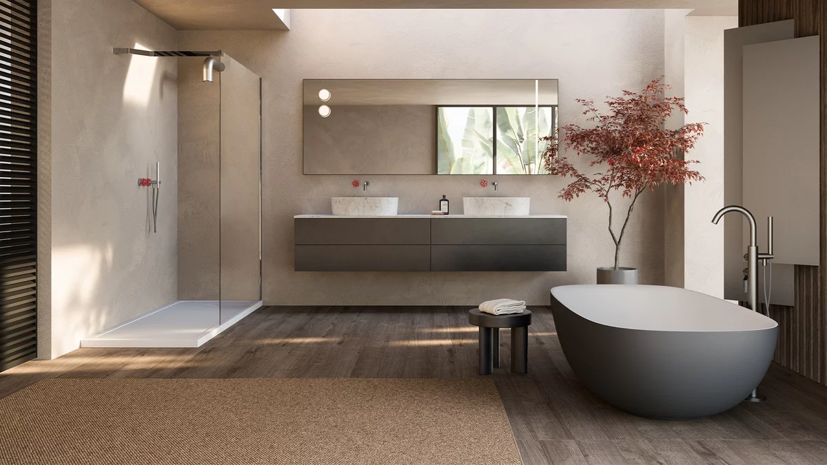 geräumiges modernes Badezimmer in Beige mit Deko hinter der Badewanne 