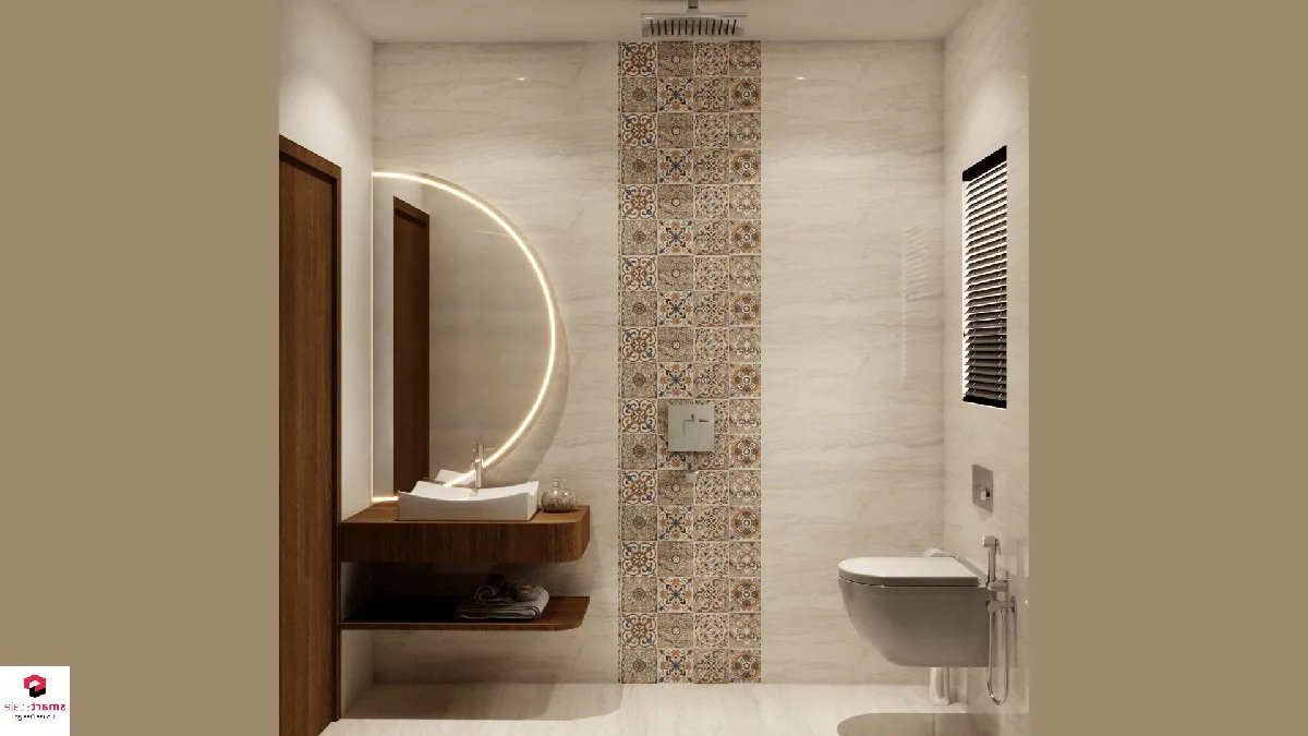 interessante Raumbeleuchtung im beigefarbenen Bad