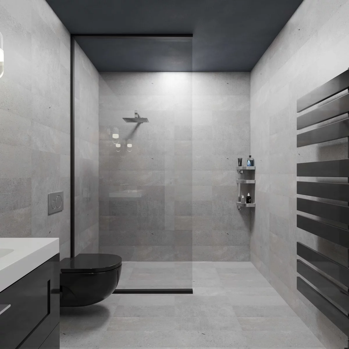 minimalistisches Baddesign in Grau, Weiß und Schwarz 