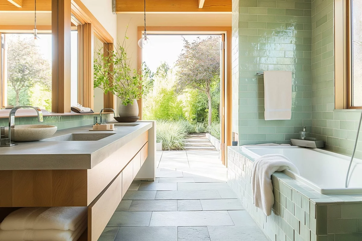 modernes geräumiges Badezimmer mit Zugang zum Hinterhof 