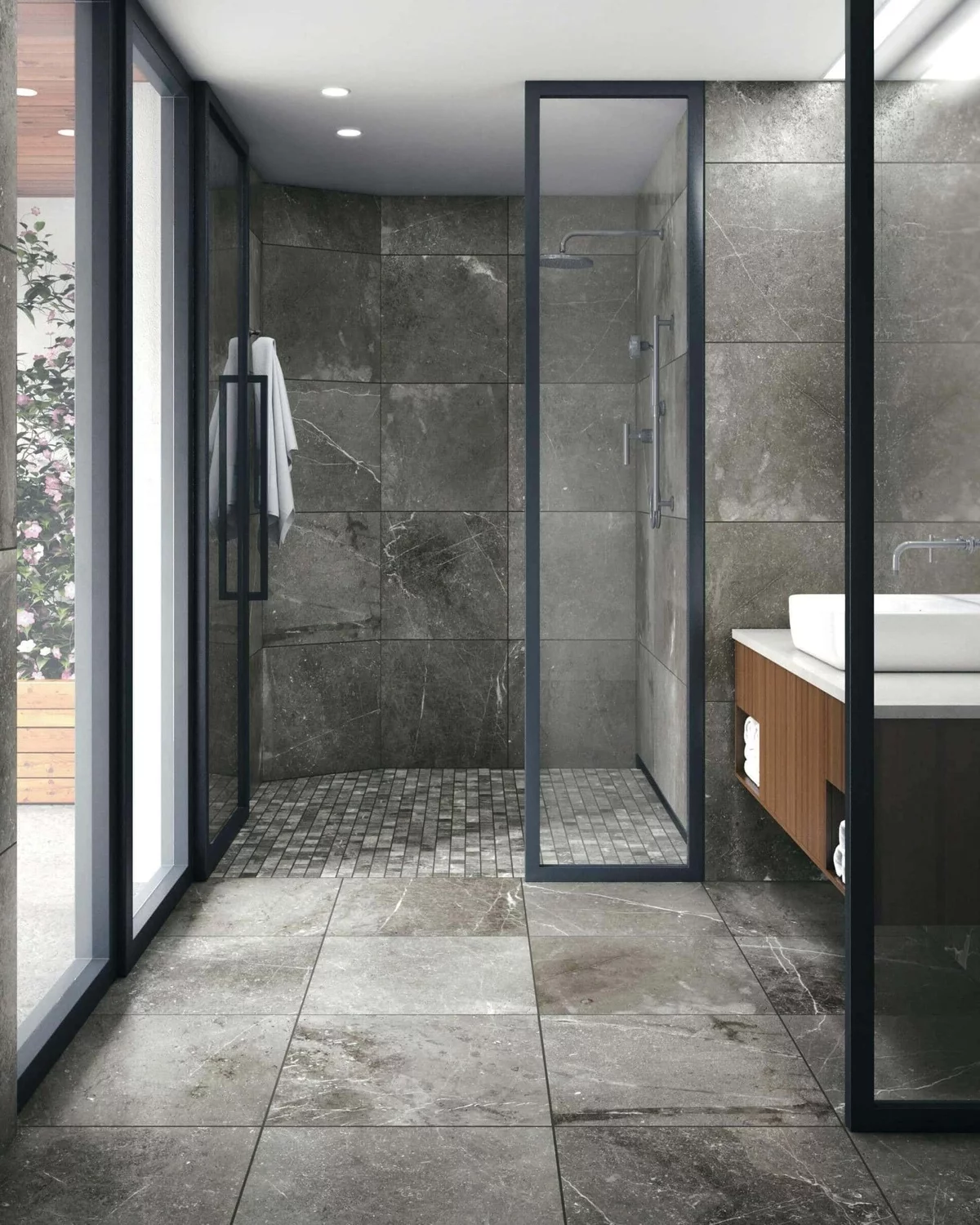 verschiedene Fliesen in Grau miteinander kombiniert - Badezimmerfliesen Ideen 