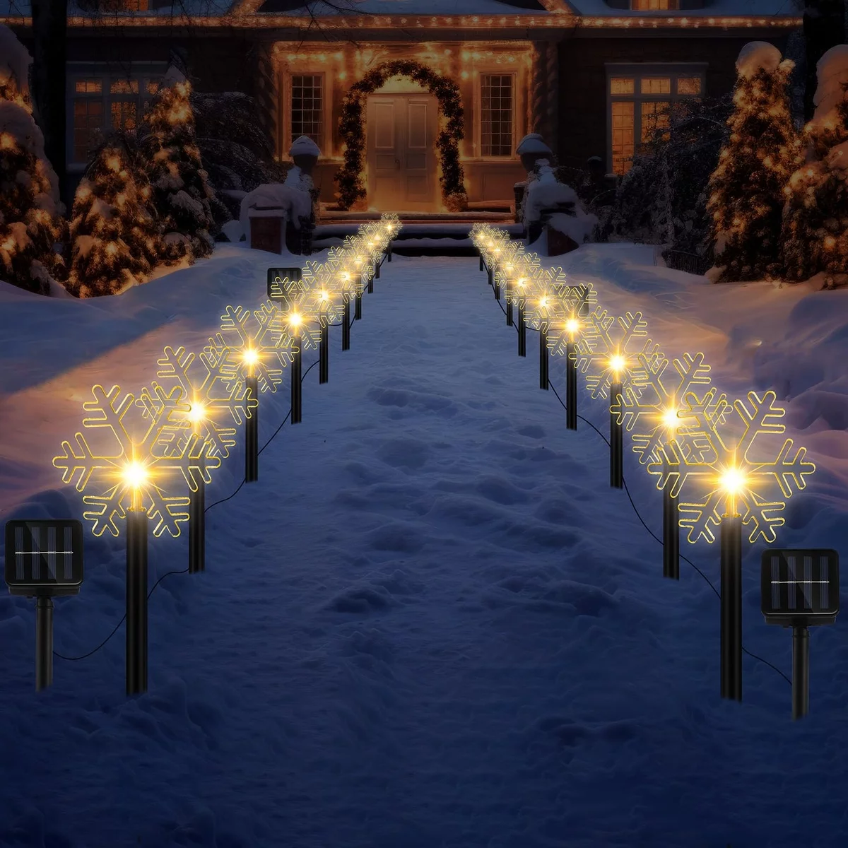 Solar Lampen wie Schneeflocken am Gartenweg im Winter - ausgefallene Deko im Garten