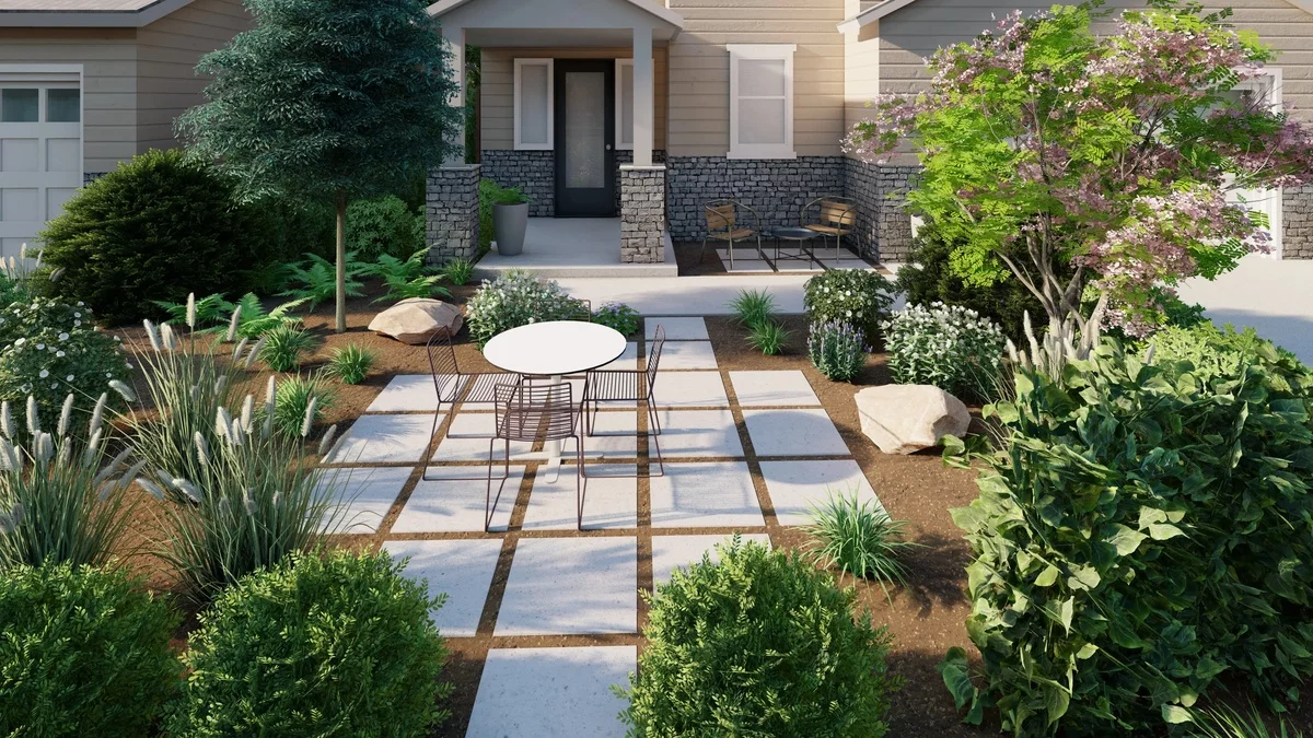 Sitzecke mit einfachen Outddor-Möbeln im Vorgarten