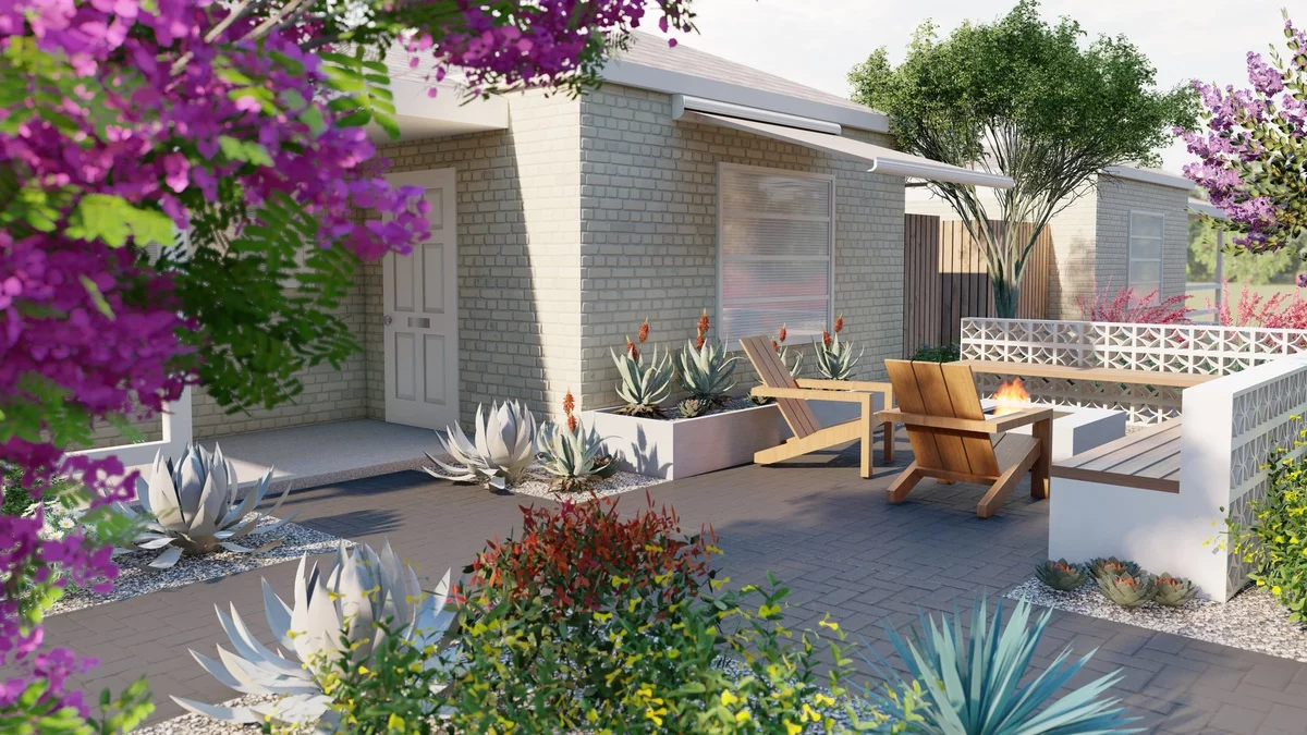 exotisch gestateter Vorgarten mit Sitzecke rechts