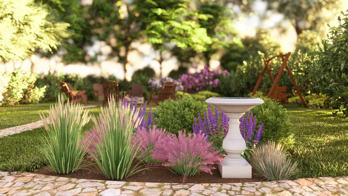 schöne Gartengestaltung mit Grasflächen und farbenfrohen Blumen