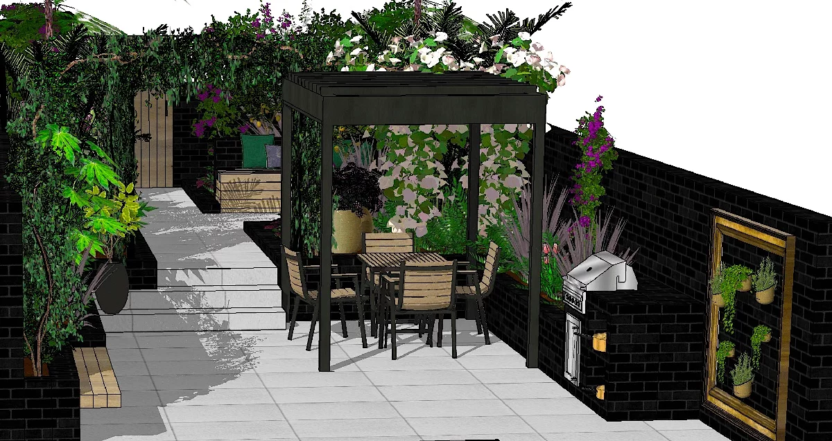 Schema einer modernen Gartengestaltung mit Sitz- und Essecke und BBQ-Ofen