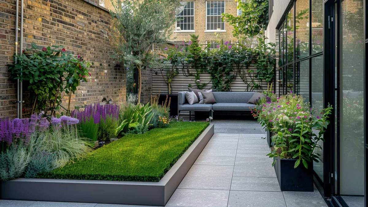 schön gestateter Hinterhof zu einem Stadthaus - Grasfläche und lila Pflanzen