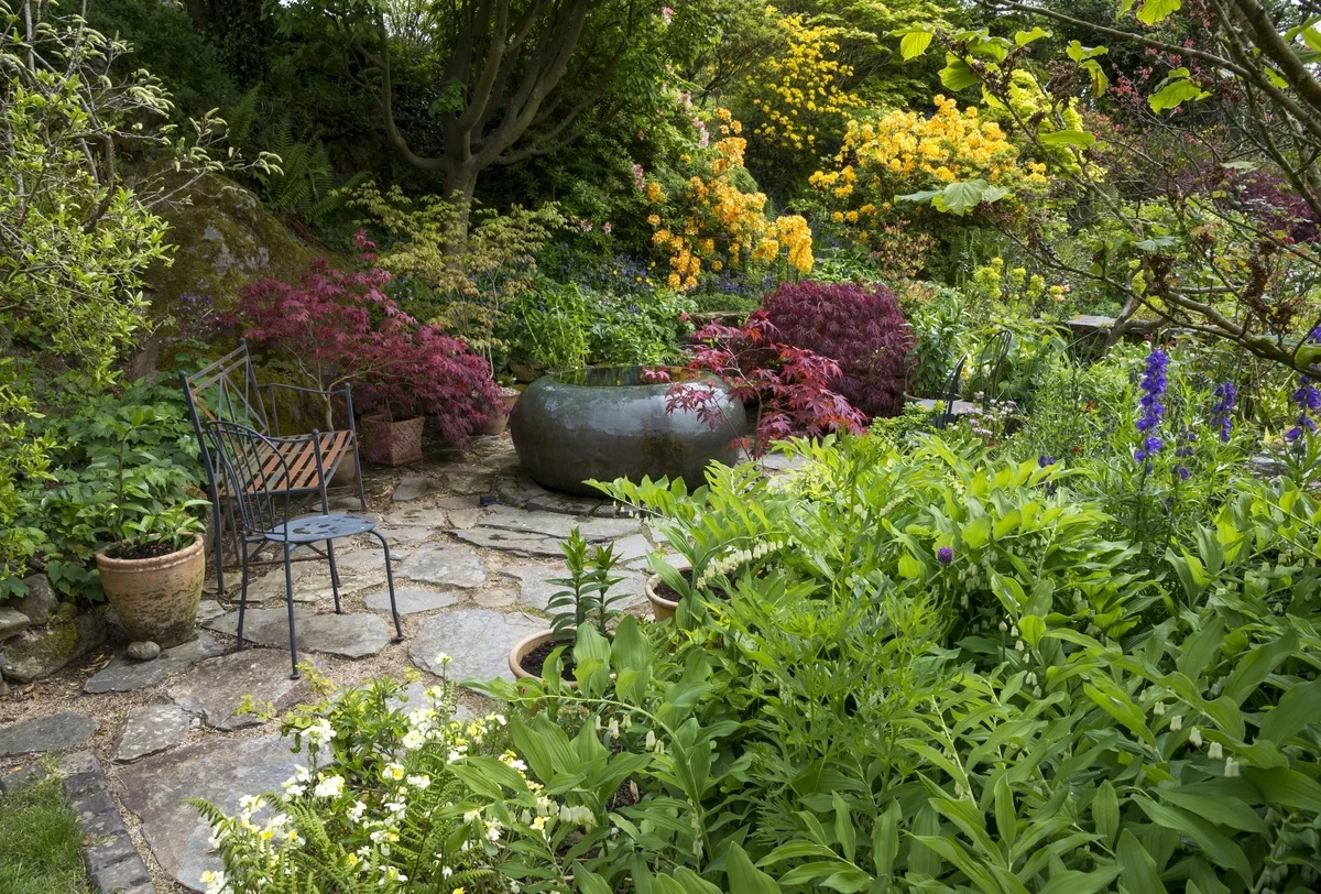 eine Rückzugsecke im Garten - rringsum üppige Vegetation und Wasserteich