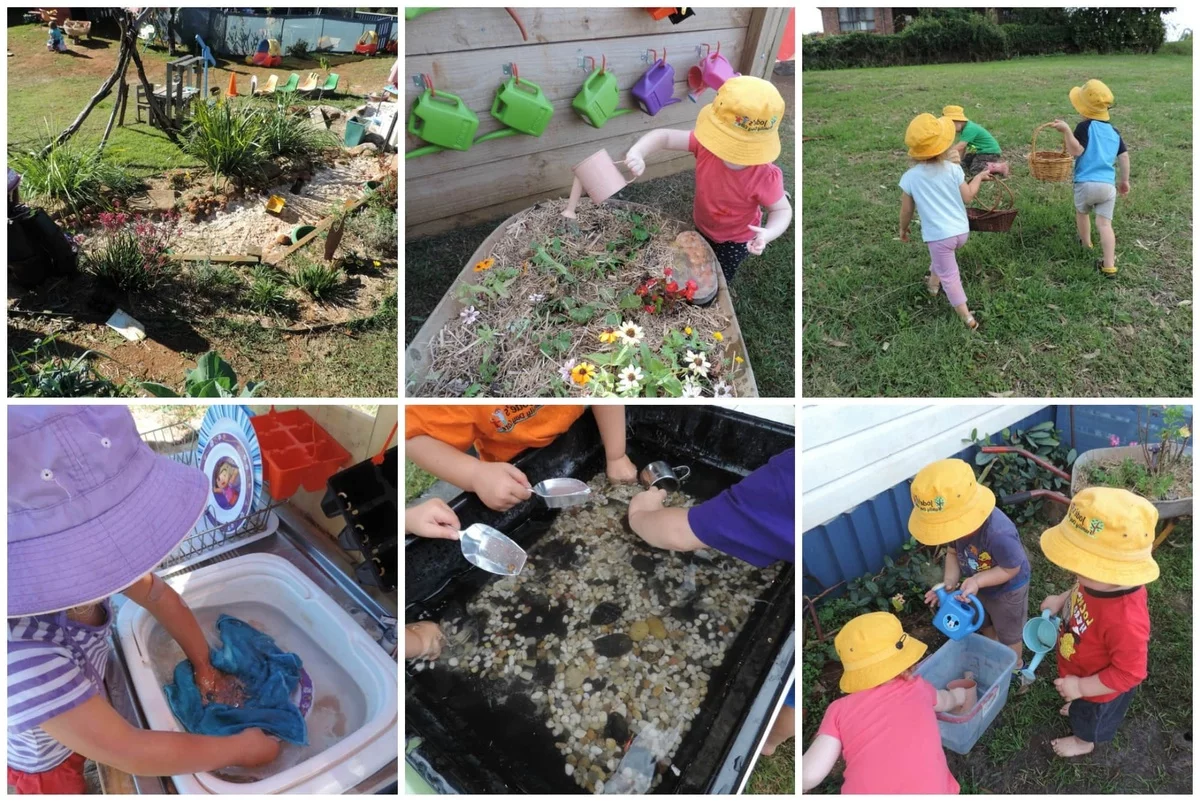 Kinder spielen und machen kreative Projekte im Garten - sechs Bilder