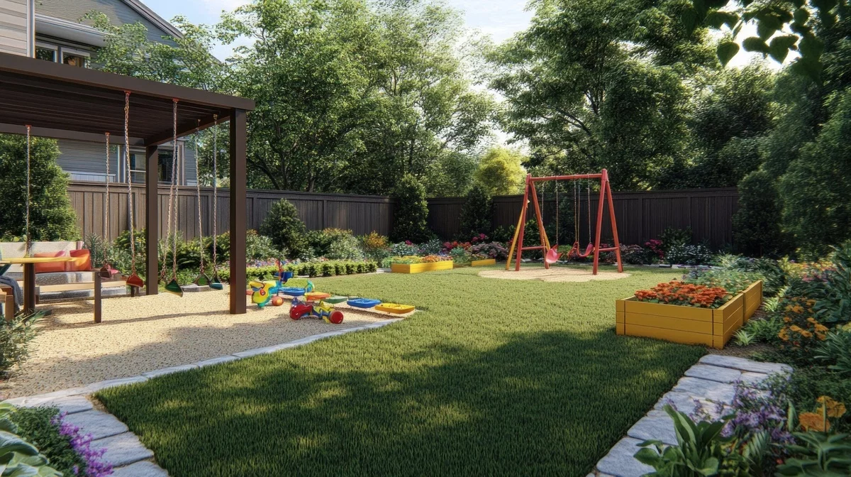 schöne Spielecke für Kinder im Garten gestaltet mit Schaukeln