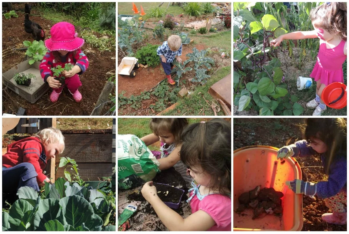 Bilder zeigen Kleinkinder, die bei Gartenarbeiten helfen 
