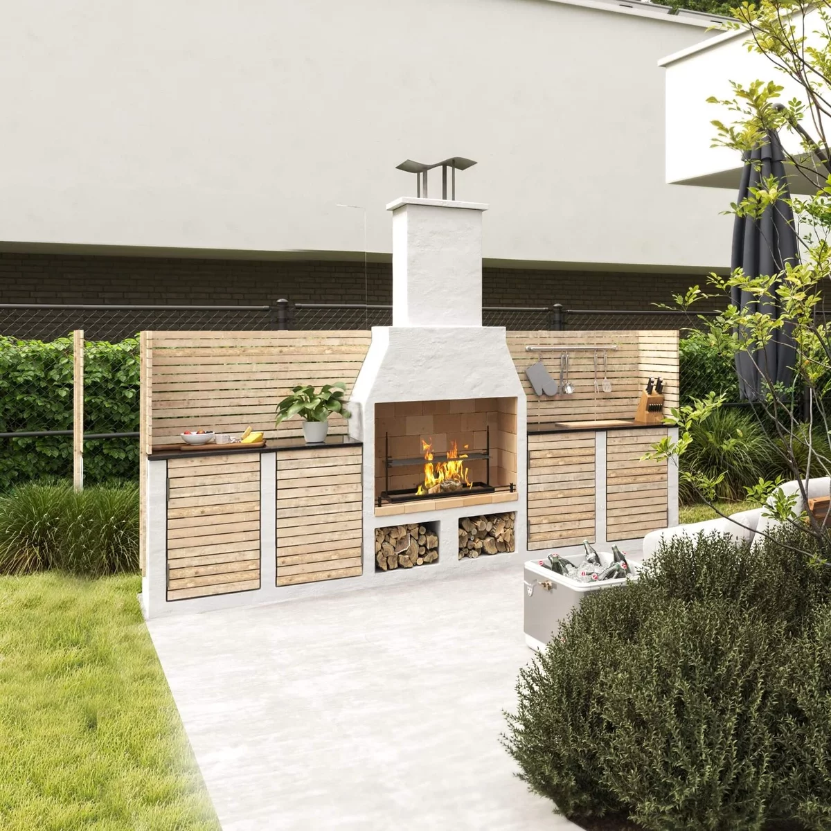 moderne Gartenküche mit Grillkamin