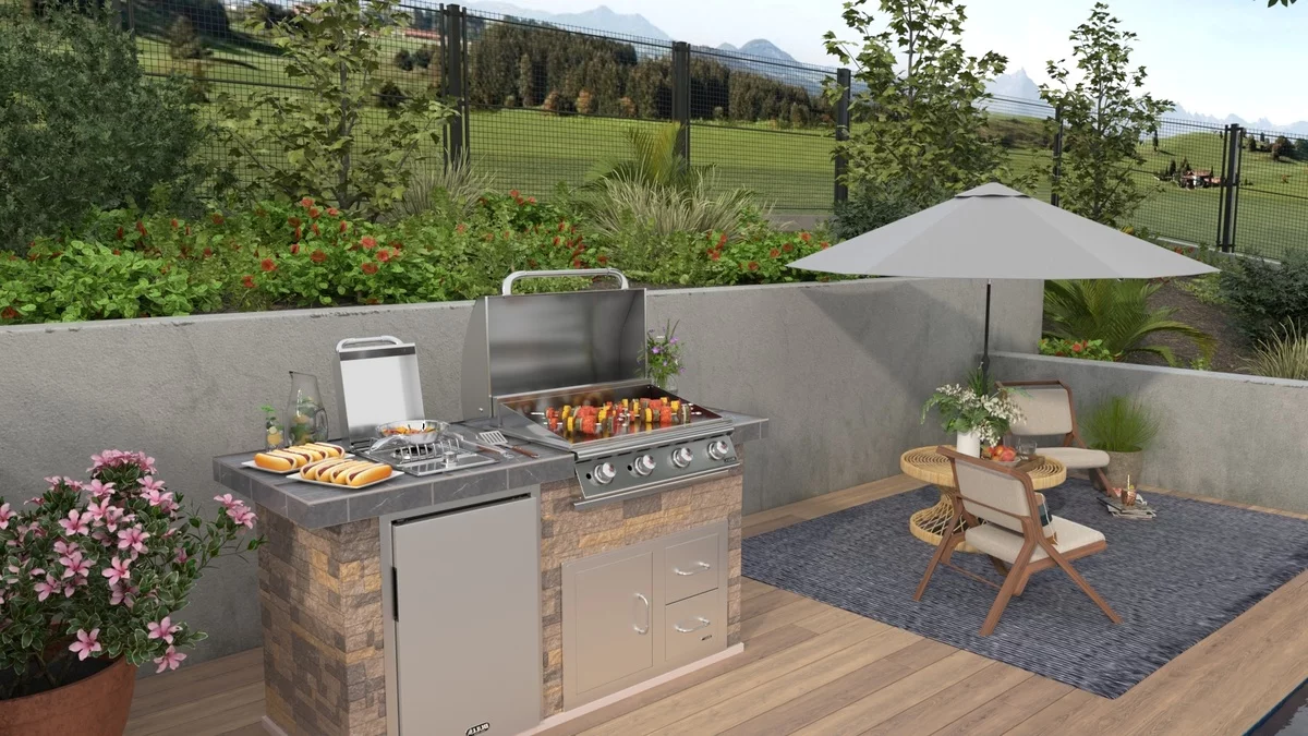 kleine Gartenküche mit Grill und Sitzecke daneben