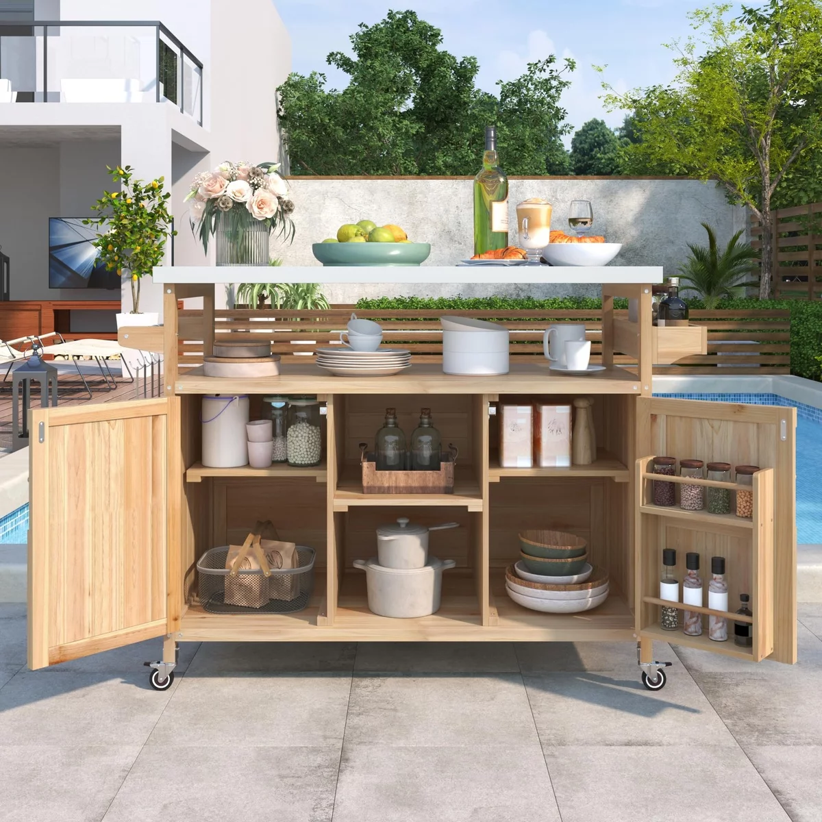 Holzschrank für Geschirr und Küchenutensilien - Gartenküche