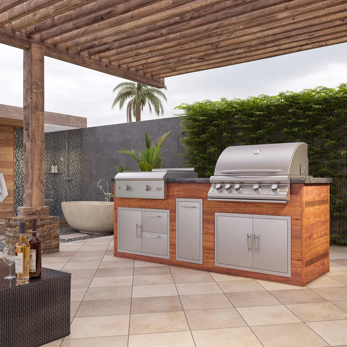 moderne Gartenküche unter Dach - gut eingerichtet