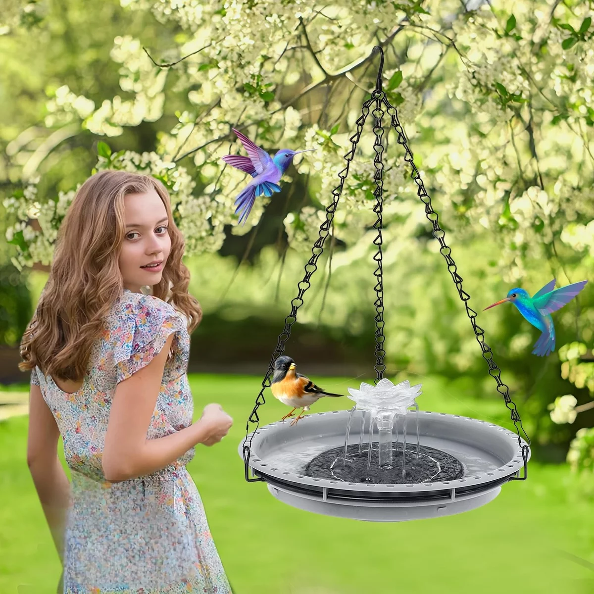 junges Mädchen neben hängendem Solar Springbrunnen im Garten