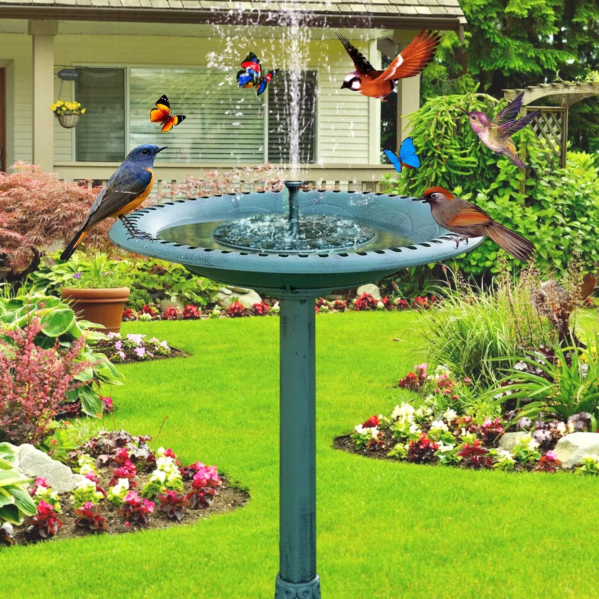 schöner Blickfang im Garten - Springbrunnen mit Vögeln und Schmetterlingen 