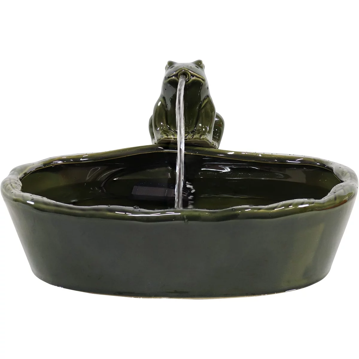 dunkelgrüner Gartenbrunnen aus glänzender Keramik 