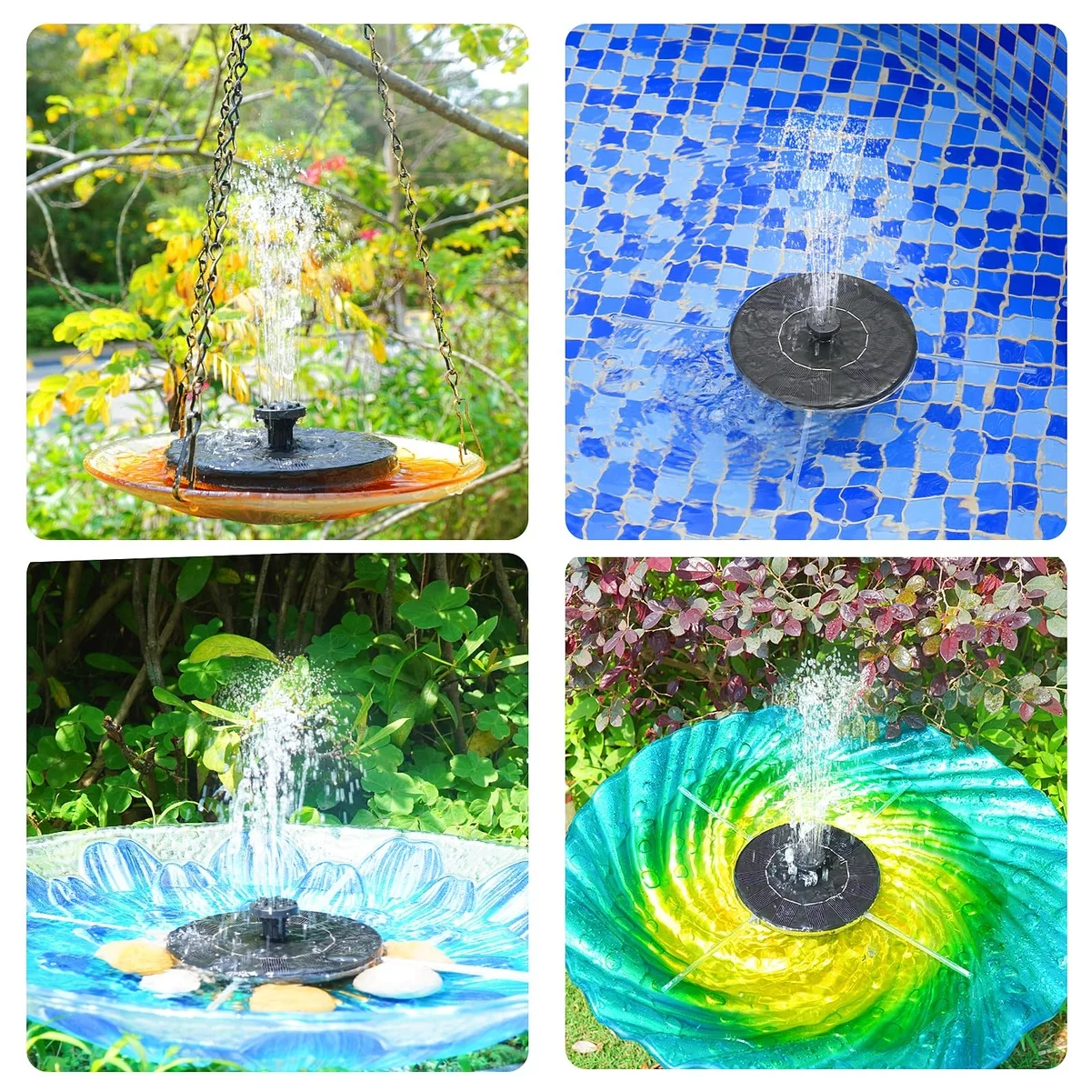 vier Bildbeispiele - Solar Springbrunnen mit Lichteffekten 