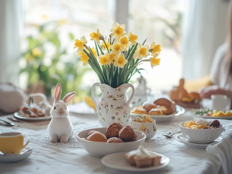 gedeckter Tisch mit Hasen und Vase mit Narzissen dekoriert