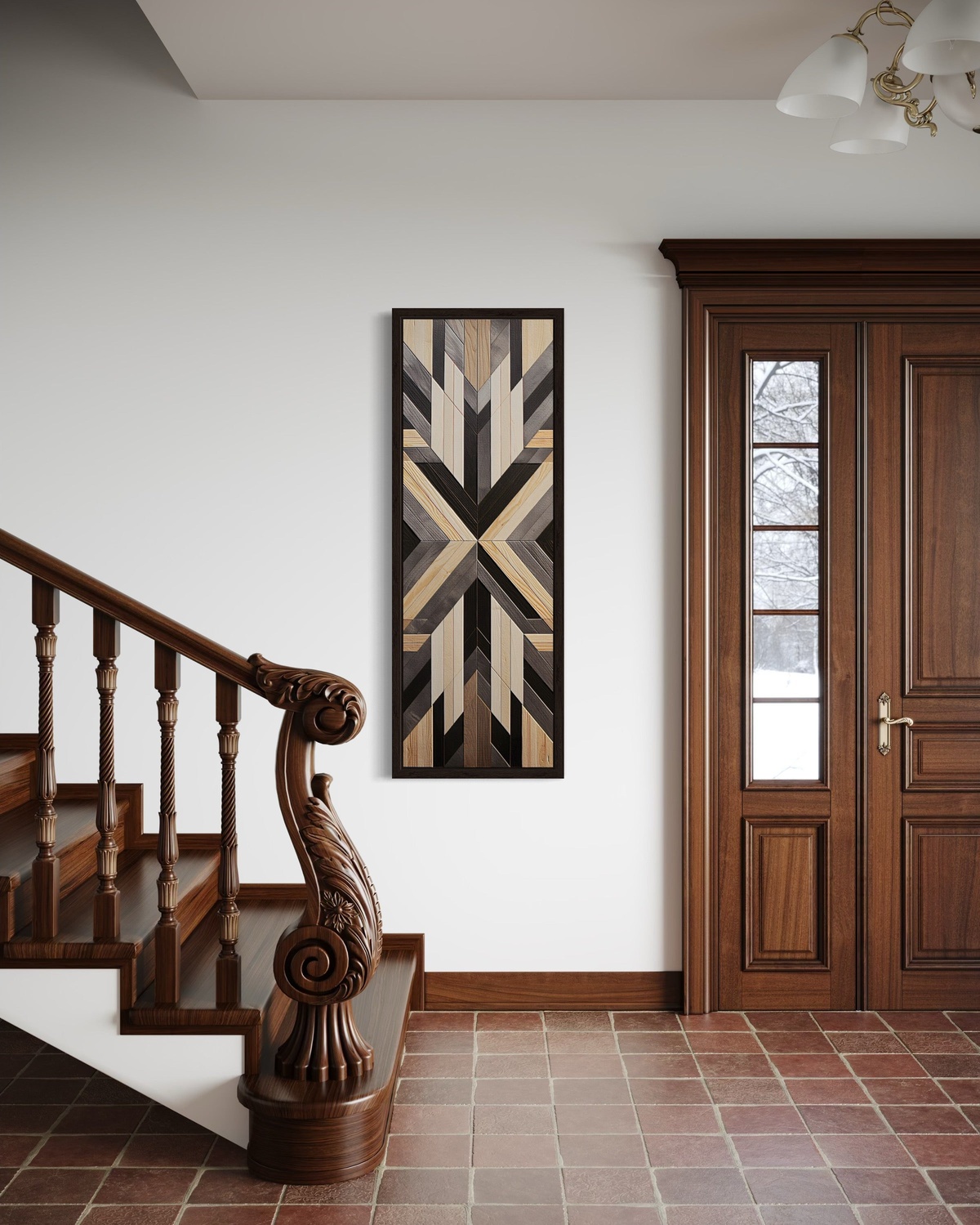 Holz und Bodenfliesen in warmen Brauntönen plus Wanddeko aus Holz - Hauseingang gestalten