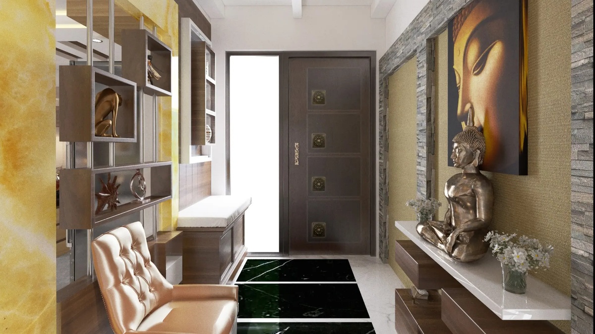 kleines Foyer interessant gestaltet mit Buddha Figur Wanddek und Sitzbank