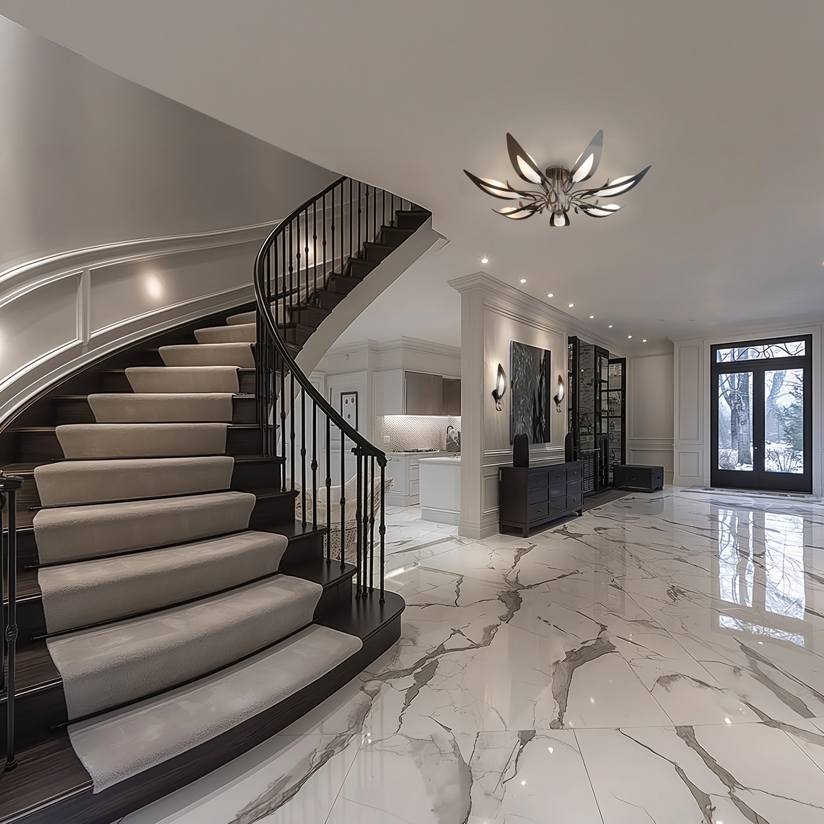 stilvolles Foyer in Grau und Schwarz mit Marmorboden und Windeltreppe