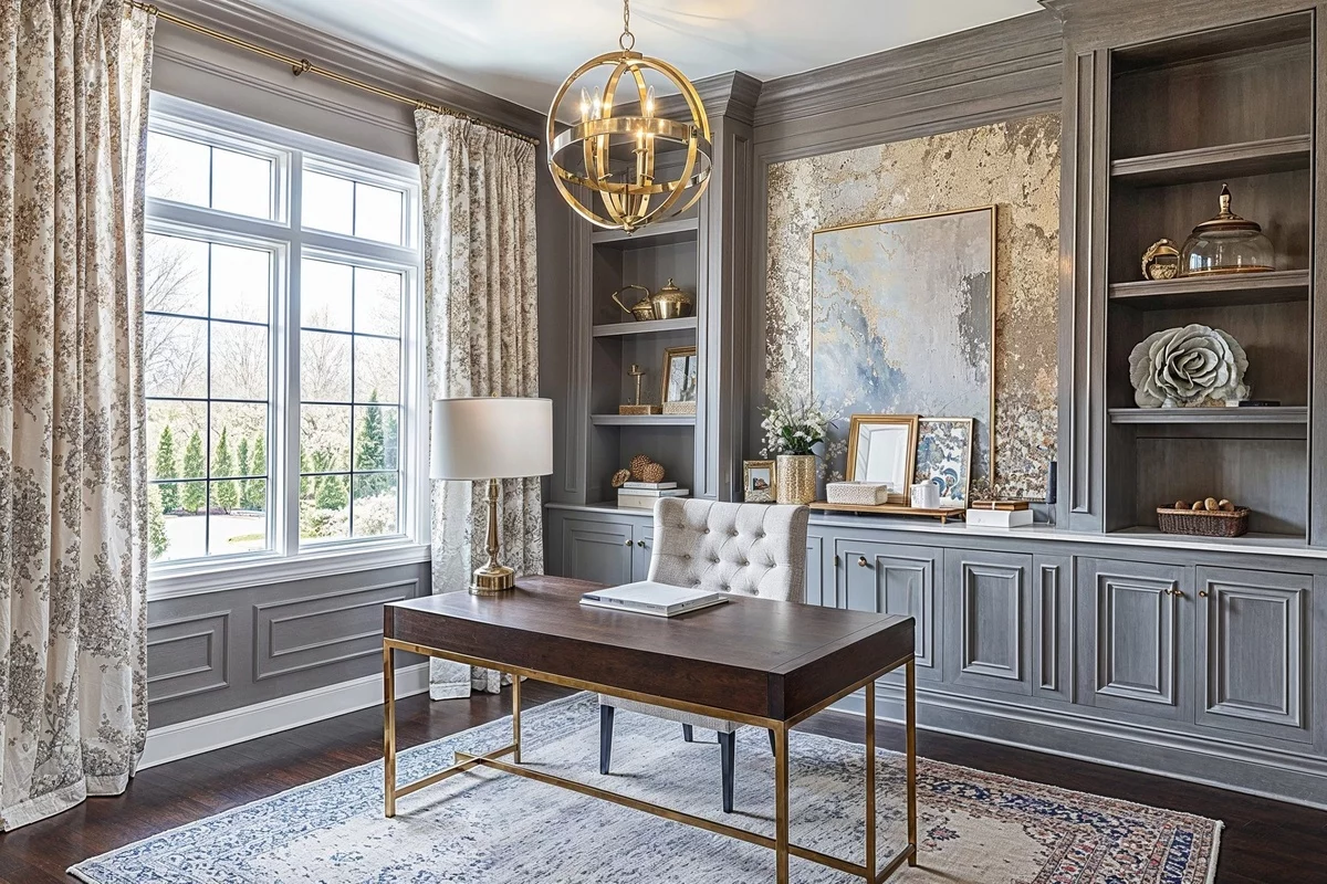 klassische luxuriöse Home Office Einrichtung in Grau mit etwas Goldglanz 