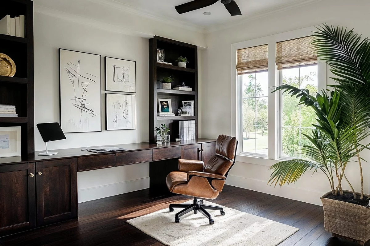 klassische Einrichtung mit Ledersessel und langem Schreibtisch aus Holz 