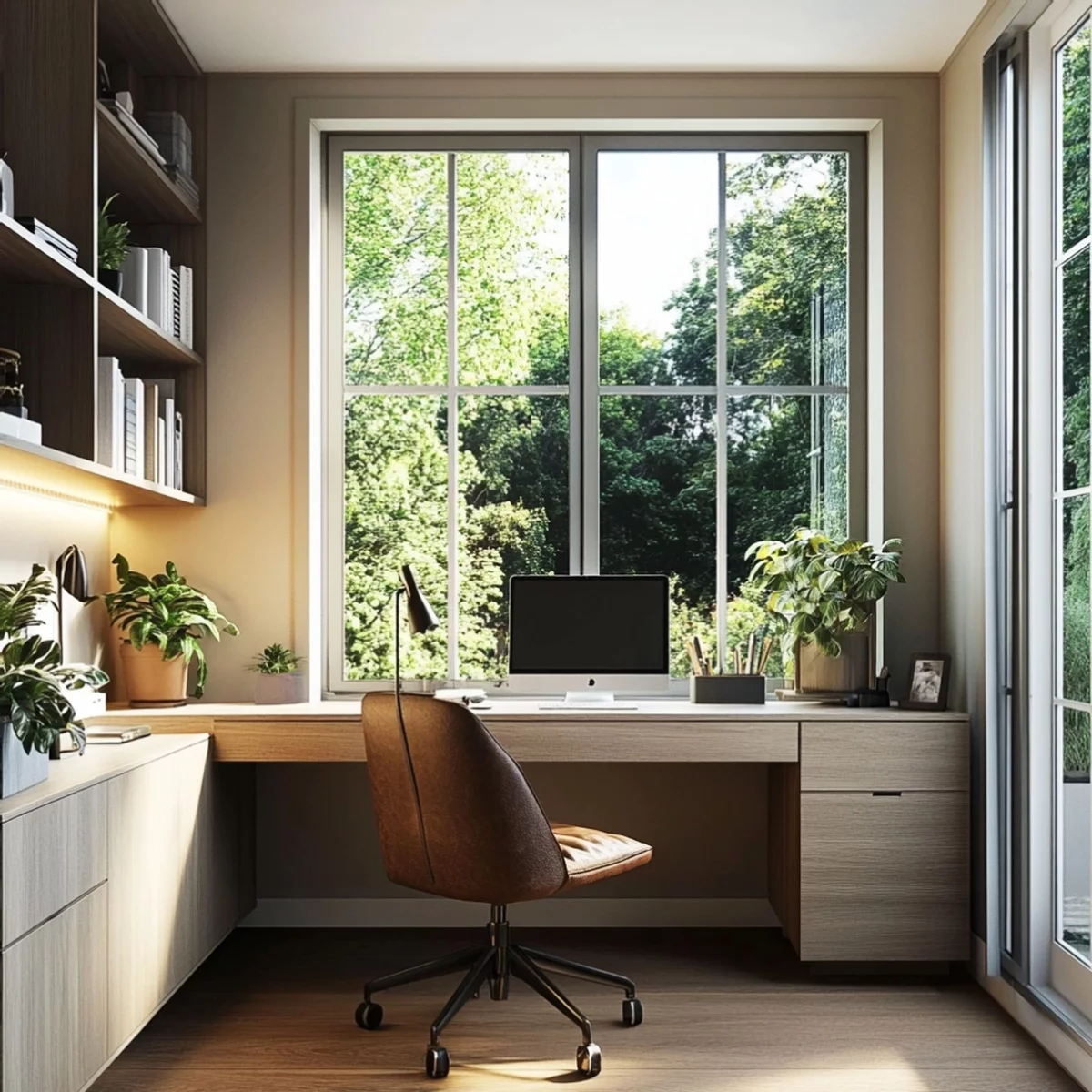 modern eingerichtetes Home Office mit viel Grün und Blick zum Garten