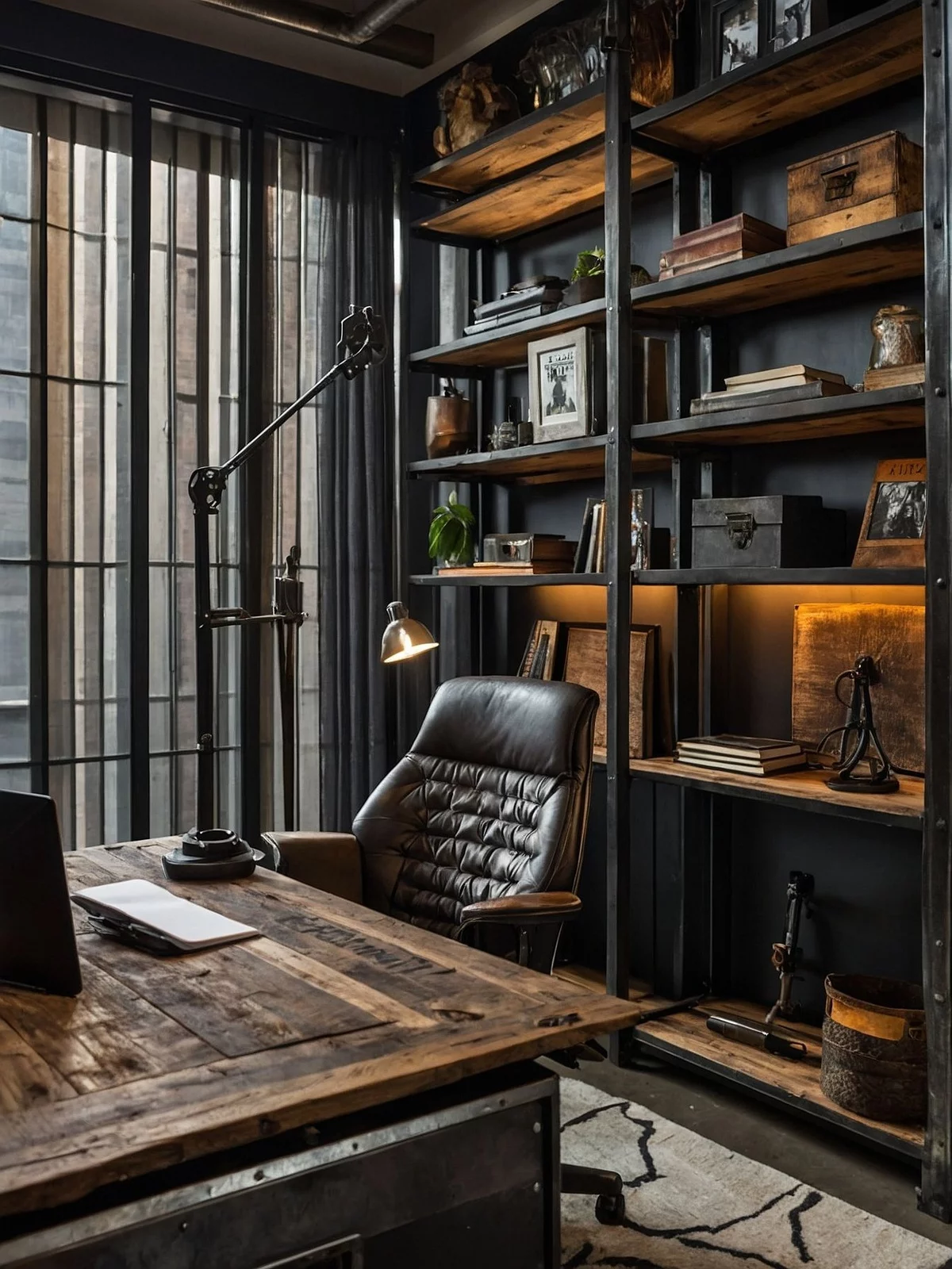 klassisches Home Office in dunklen Farben, Schreibtisch aus Massivholz und schwarzer Ledersessel 