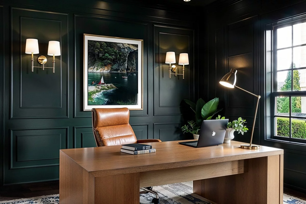 schwarze Wand, Wandlampen, Schreibtisch aus Holz und Ledersessel 